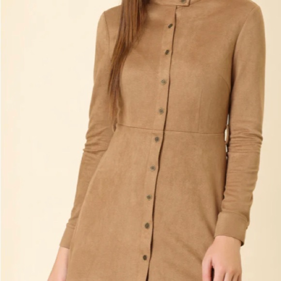NWT Faux Suede Allegra K long sleeve belted shirt dress camel size L - Picture 3 of 8